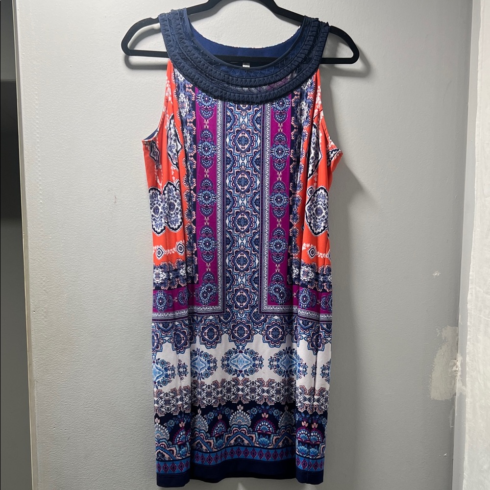 Elegant Navy‎ and Pink Patterned Mini Dress.  CAJA. # 1. D